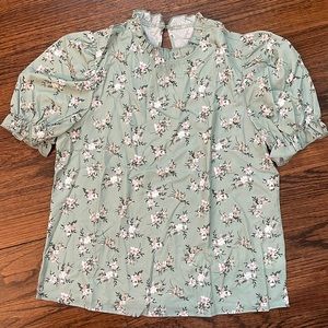 Floral print ruffle puff short sleeve casual blouse